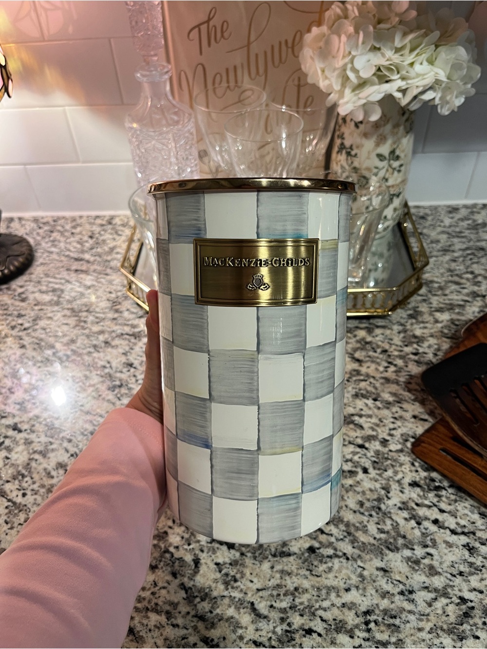 MacKenzie-Childs Sterling Check Enamel Utensil Holder with Gold Plaque